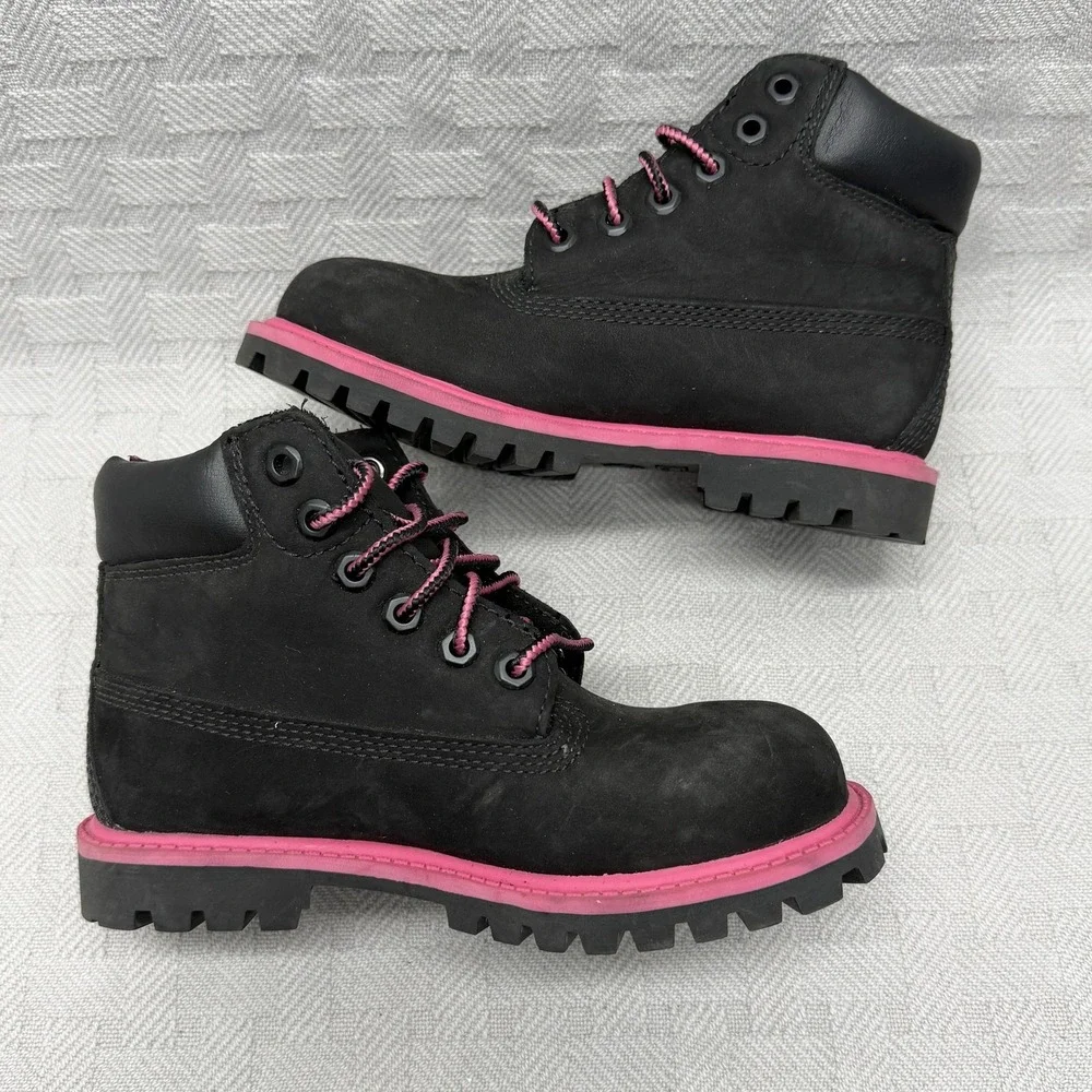 Timberland Combat Boots Girls Size 12 Black Pink Waterproof Nubuck‎ Hearts A15M9